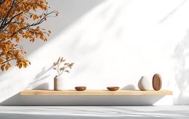 Poster - Minimalist wooden shelf with autumnal decor