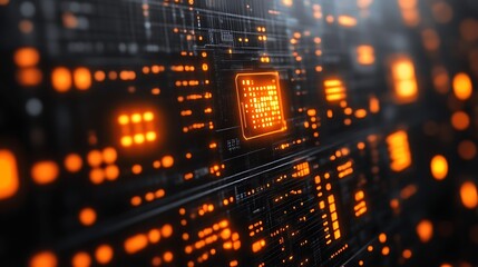 Glowing orange CPU on circuit board.