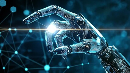 Poster - futuristic robotic hand reaching for light in digital space