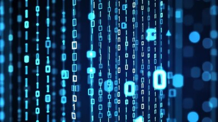 Poster - Digital binary code flows in bright blue background during nighttime display showcasing technology and data