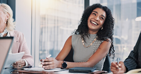 Poster - Conversation, happy and businesswoman in meeting for laughing together, joke or planning. Corporate, collaboration and funny humor with employee friends talking in workplace for bonding or teamwork
