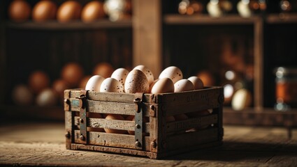 Poster - freshly collected eggs displayed in rustic wooden crate on a farm