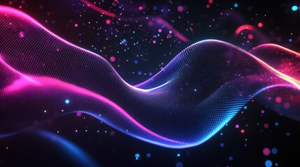 Aufkleber - futuristic neon waves with glowing digital particles, dynamic flowing curves, sleek modern sci-fi aesthetic, radiant light against dark background, ultra-high detail