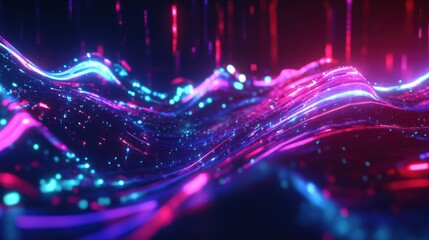 Fototapete - futuristic glowing waveforms with neon light trails in red, blue, and purple, fluid abstract motion, dynamic energy flow, high-tech digital aesthetic, ultra-detailed design