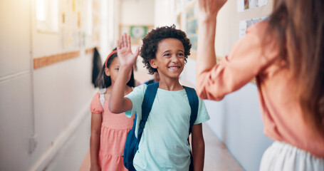 Aufkleber - Teacher, children and high five at school, happy and welcome to classroom for education in morning. Boy, smile and greeting with motivation for learning, scholarship and excited in hallway at academy