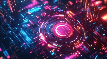 Poster - Futuristic digital circuit board glowing with vibrant neon lights