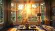 © TJAYZ - Living room with bay windows, table lamps, and golden rays of sunset filling the space