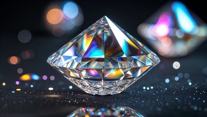 Poster - Exquisite crystal pyramid reflecting colorful lights on a dark surface
