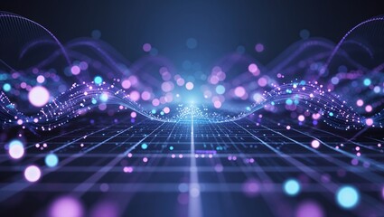 Poster - Vibrant digital waves with glowing particles create a mesmerizing visual experience in a virtual environment