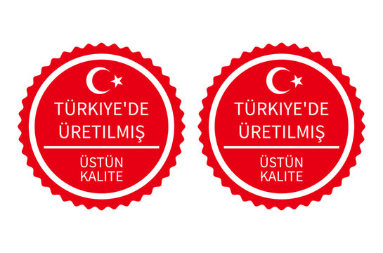 Made in Turkiye round labels in English and in Turkish languages. Quality mark vector icon. Made in Turkey.  Perfect for logo design, badges, tags, stickers, emblem, product package, etc.