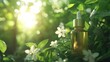 © akun - Golden serum bottle in lush garden, sunrise backdrop; skincare ad