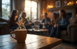 © Silver - warm coffee cup sits on wooden table, steam rising, with friends chatting in cozy living room. inviting atmosphere enhances moment of connection and relaxation