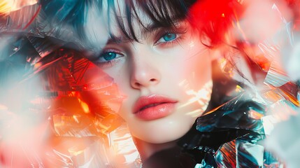 Poster - Stylish Model in Sculptural LED-Lit Dress Surrounded by Colorful Reflection and Light Effects