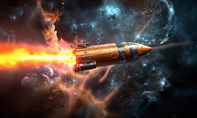 Wall Mural - Futuristic Rocket Launching Through Cosmic Space with Fiery Trails Against a Starry Background in an Expansive Universe