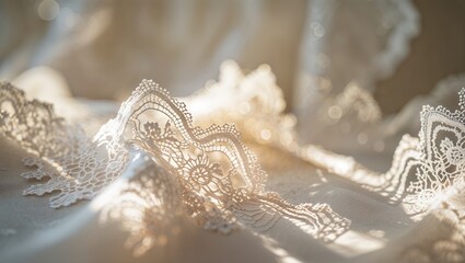 Poster - Delicate lace resting on soft fabric, illuminated by warm sunlight in a tranquil setting