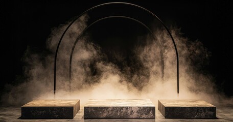 Poster - Black Metal Arch Stand on Ground Surrounded by Smoke in Artistic Installation Minimalism
