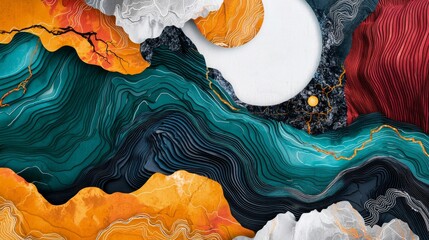Poster - Aerial View of Detailed Terrain Map Featuring Sinuous Lines and Varied Colorful Patterns