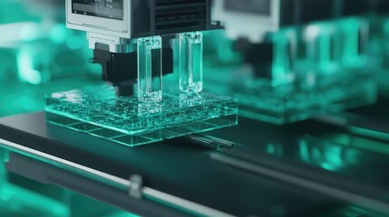 Poster - Automated conveyor belt transporting freshly cut glass panels through an industrial facility.