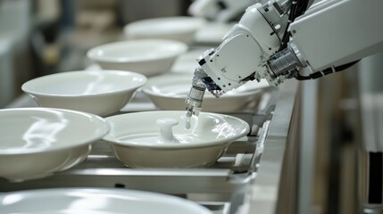 Poster - Automated robotic systems handling delicate ceramic pieces for quality control.