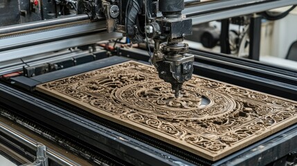 Poster - A high-speed ceramic tile printing machine adding intricate decorative patterns.