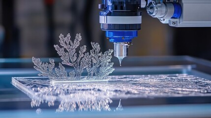 Poster - A laser engraving machine etching fine details onto glass for decorative use.