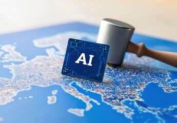 Poster - Blue AI Tile on Map with Gavel Symbolizing Technology, Law, and Digital Innovation in a Modern Legal Environment