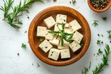 A wooden bowl filled with tofu cubes and rosemary sprigs on a white textured surface with herbs around it