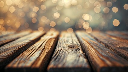 Poster - Wooden surface with bokeh lights creating a warm and inviting atmosphere during twilight hours