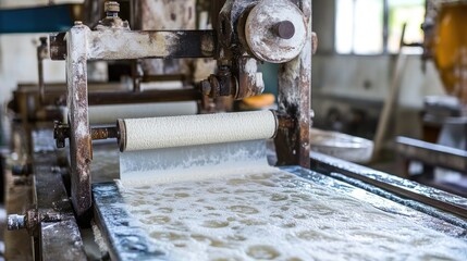 Poster - A modern papermaking machine filtering and pressing raw pulp into smooth sheets.