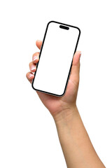 mockup of female hand holding a black smartphone with blank screen isolated on a transparent backgro
