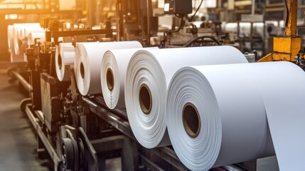 Poster - A paper converting machine turning large rolls into finished notebooks and envelopes.