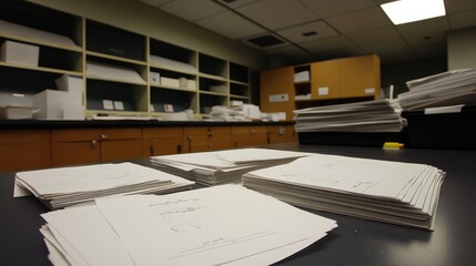 Poster - A paper testing lab analyzing sheet thickness, strength, and moisture content for quality control.