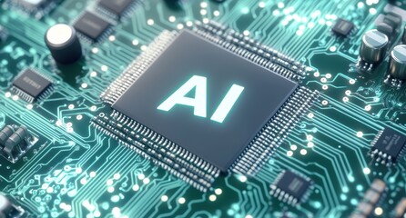 Poster - Close-up of Computer Circuit Board with AI Chip Highlighting Artificial Intelligence Technology in Modern Electronics and Computing Innovations