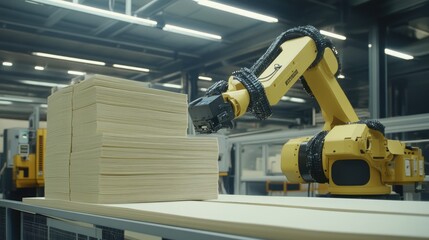 Poster - A robotic paper stacking system organizing processed sheets for packaging and shipment.