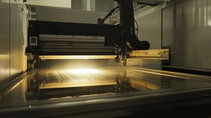 Poster - A robotic precision cutting system shaping glass for automotive windshields.