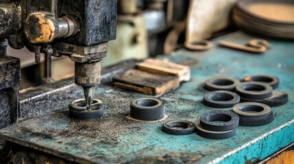 Poster - A rubber cutting press stamping out perfectly shaped gaskets and seals for industry.