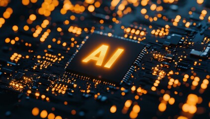 Aufkleber - Close-Up View of AI Technology Concept with Bright Circuits and Illuminated Microchip on Dark Background Representing Future of Artificial Intelligence Innovation