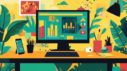 Poster - A vector illustration of a digital workspace with a computer, mobile phone, and icons.
