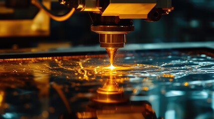 Poster - Close-up of precision laser cutting machine slicing through a thick glass sheet.