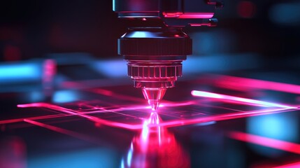 Poster - Close-up of precision laser cutting machine slicing through a thick glass sheet.
