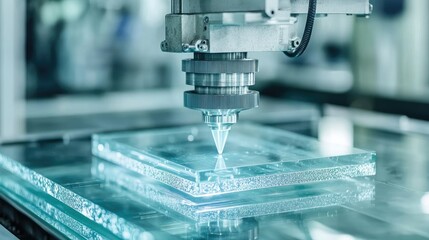 Poster - Close-up of precision laser cutting machine slicing through a thick glass sheet.