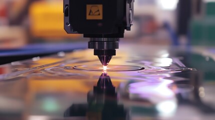Poster - Close-up of precision laser cutting machine slicing through a thick glass sheet.