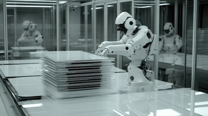 Poster - Industrial robotic arms handling and stacking glass sheets for packaging and shipment.