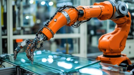Poster - Industrial robotic arms handling and stacking glass sheets for packaging and shipment.