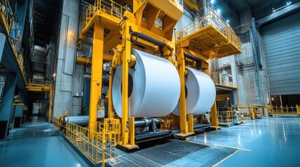 Poster - Industrial rollers feeding continuous paper sheets through a high-tech processing unit.