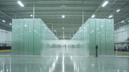 Poster - Massive glass panels stacked vertically in a factory, ready for architectural use.