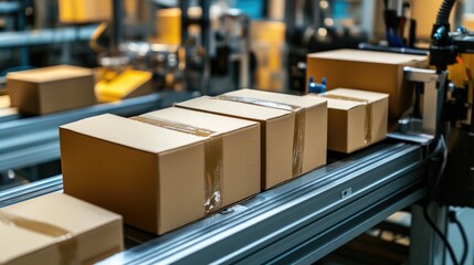 Poster - Paper packaging production line with automated systems forming and folding sturdy boxes.