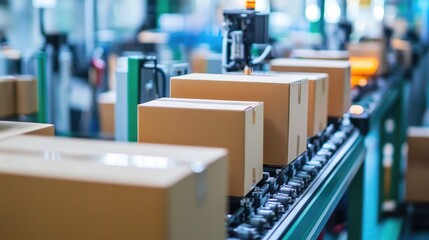 Poster - Paper packaging production line with automated systems forming and folding sturdy boxes.