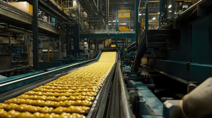 Poster - Rubber-coated conveyor belts moving processed materials through an automated factory.