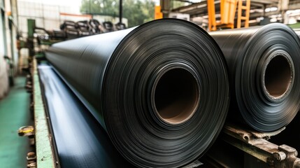 Poster - Rubber sheets rolling through an automated conveyor system in a large-scale processing facility.